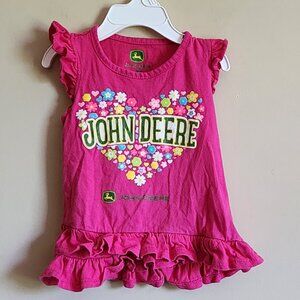 John Deere Girls Short Sleeve, Pink Top W/Ruffles, Flowers Heart Size 18 Months